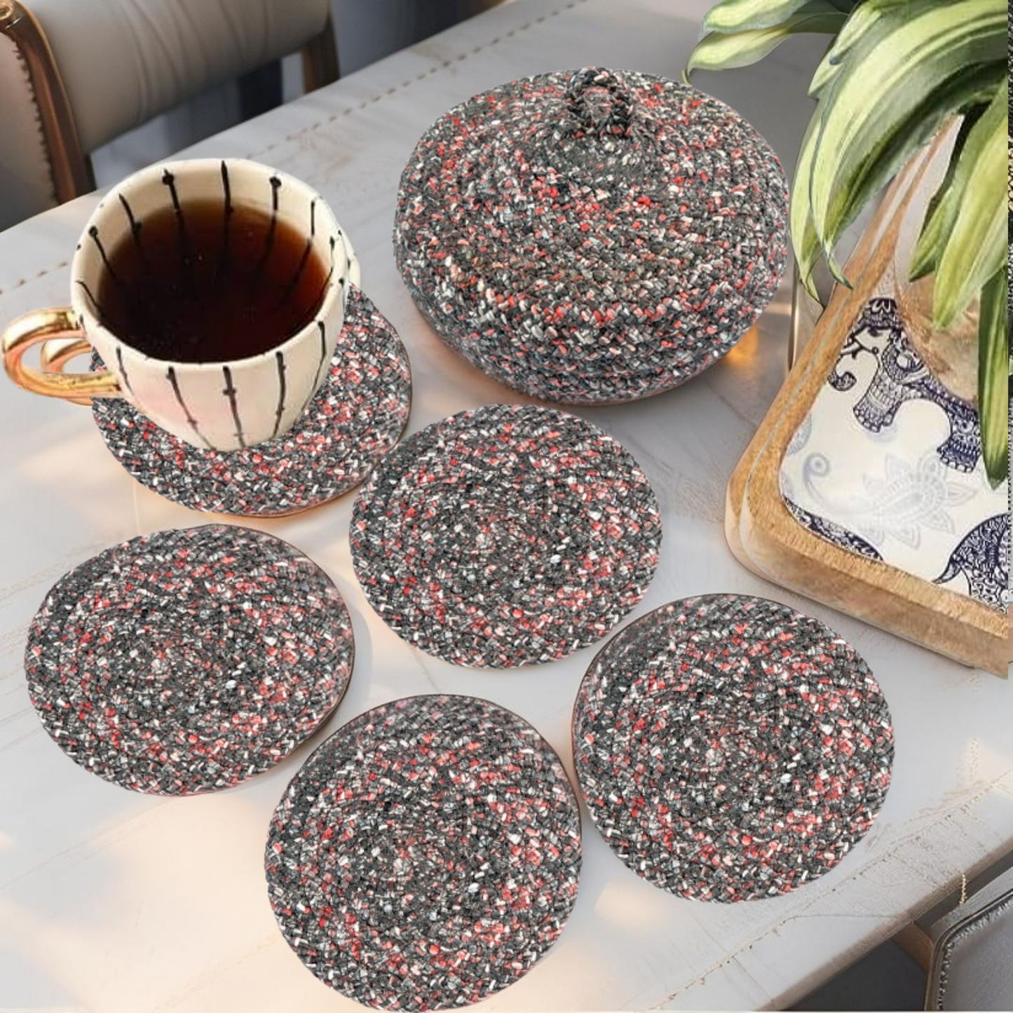 Coaster Set with Lid Basket - CHARCOAL GREY