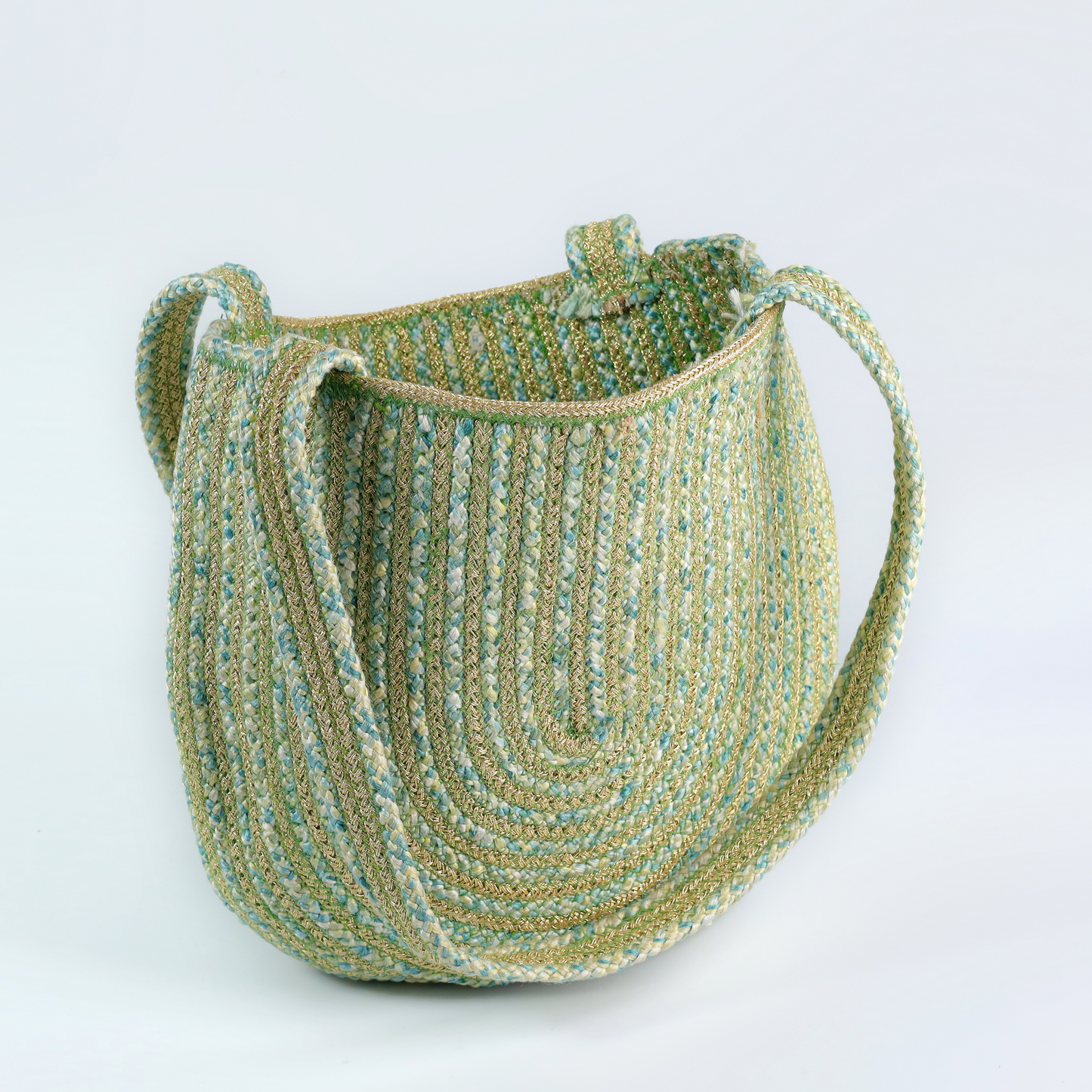 Golden Sling Bag – Shine Bright with Elegant Pastel Green & Gold Weave