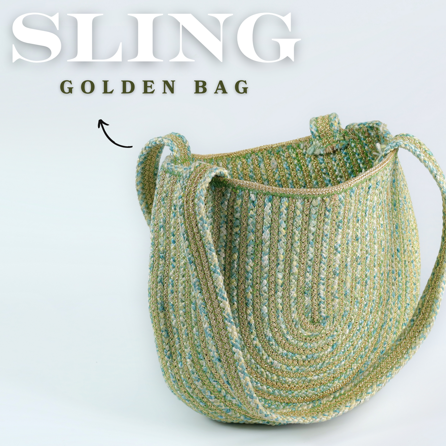 Golden Sling Bag – Shine Bright with Elegant Pastel Green & Gold Weave