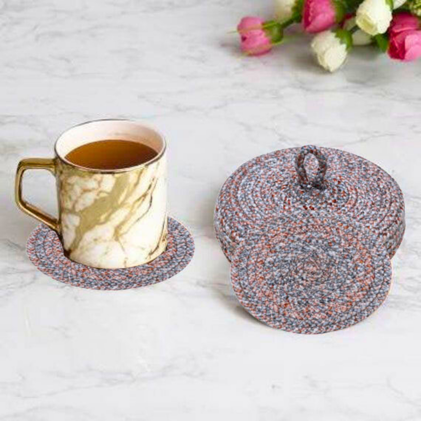 Coaster set with Lid Basket - Copper