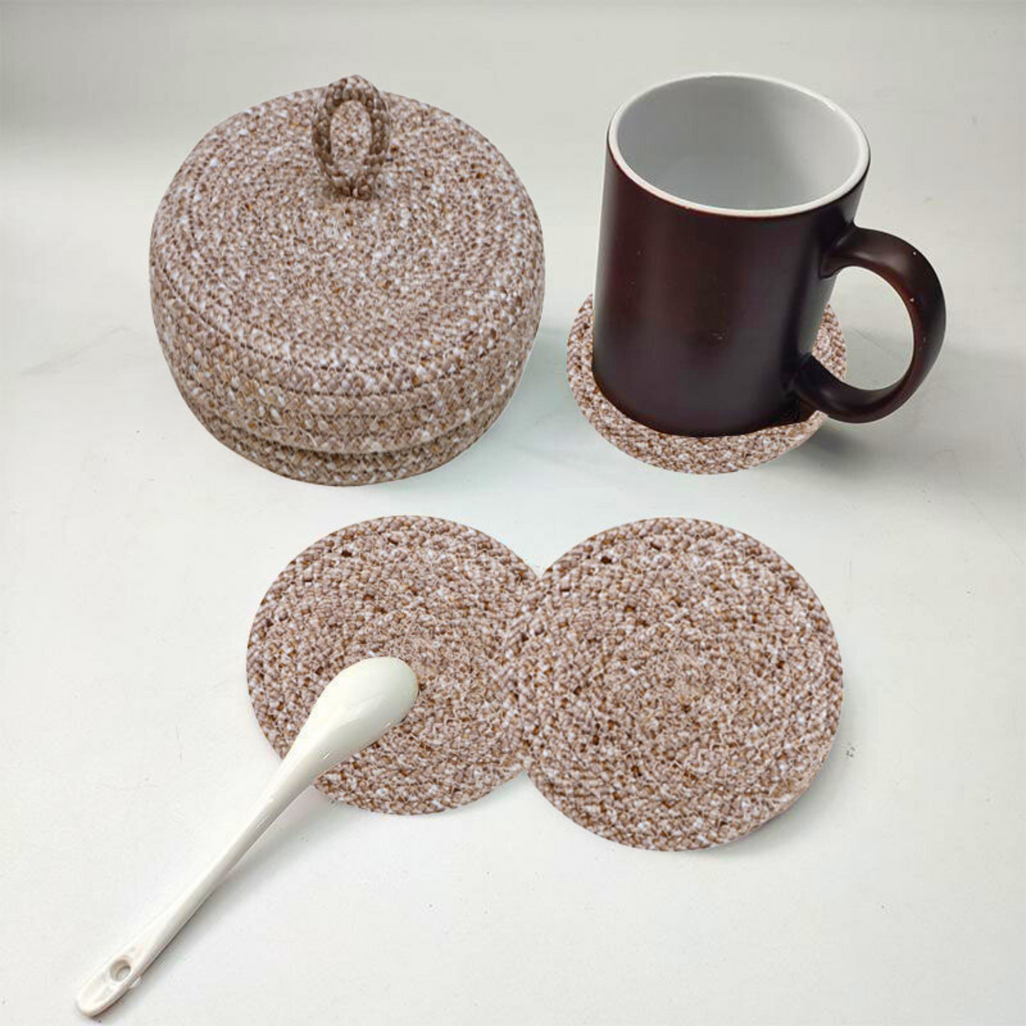 Coaster set with Lid Basket - Beige