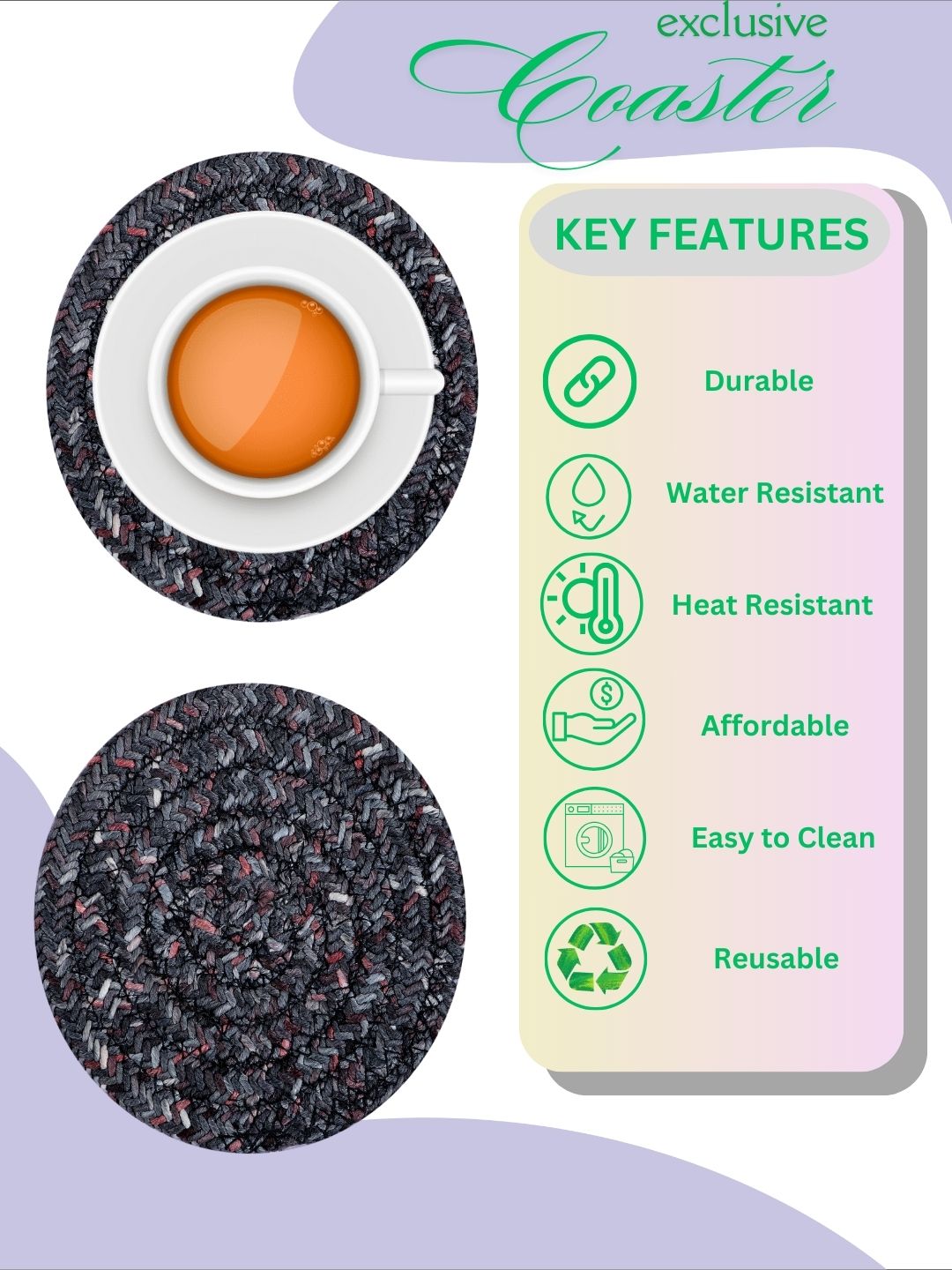 Coaster- CHARCOAL GREY (PACK OF 4)