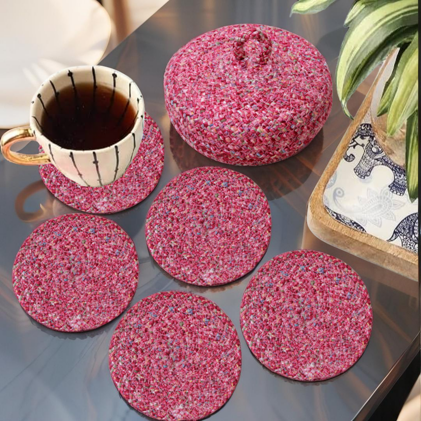 Coaster Set with Lid Basket – RED PINK