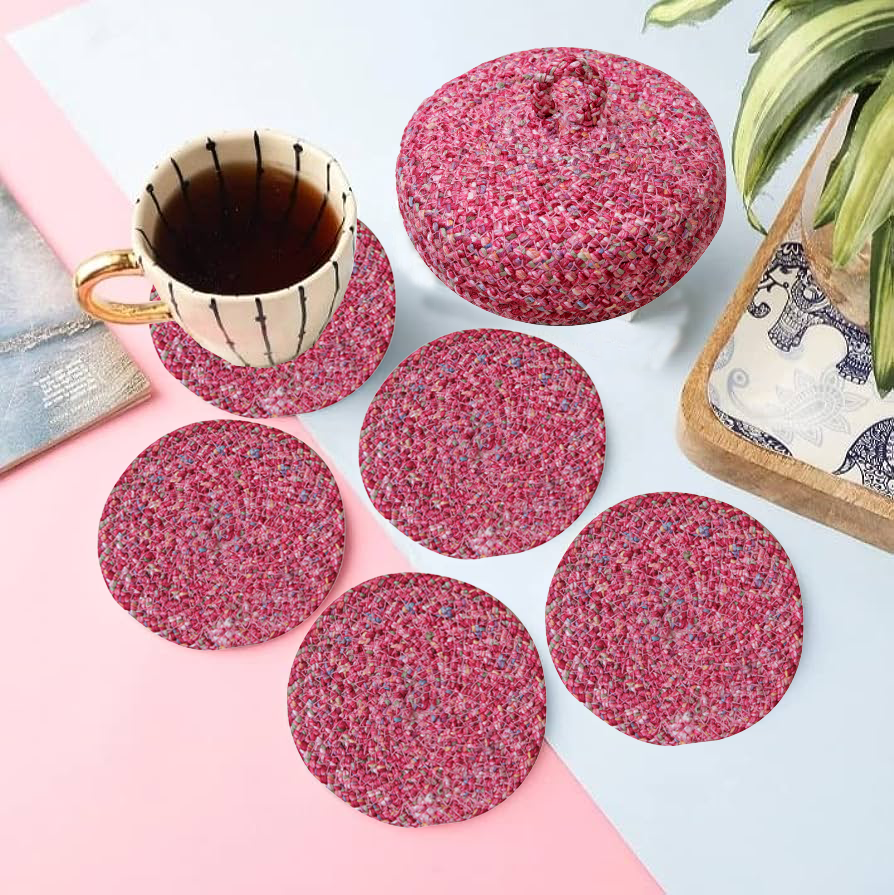 Coaster Set with Lid Basket (RED PINK) – Durable, Stylish, and Organized