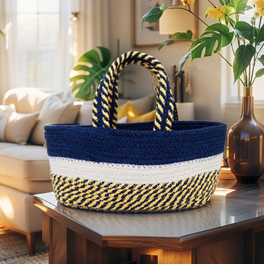 Handwoven Basket -  Navy Blue and White