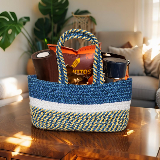 Handwoven Basket - Blue & Gold Accent